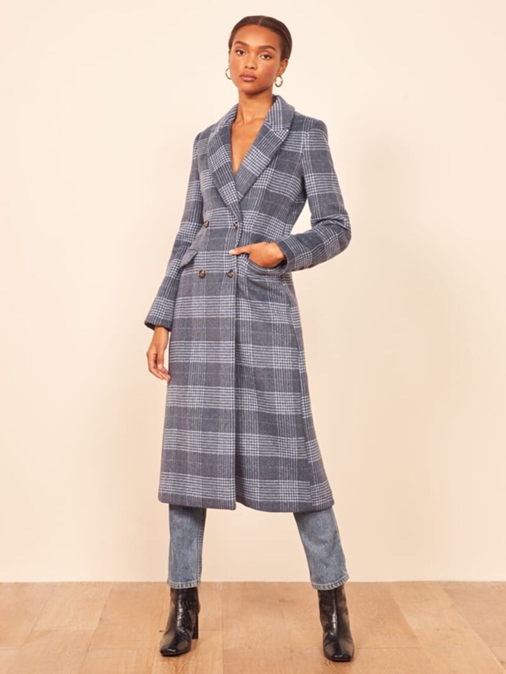 Reformation York Double-Breasted Plaid Winter Overcoat Blue S